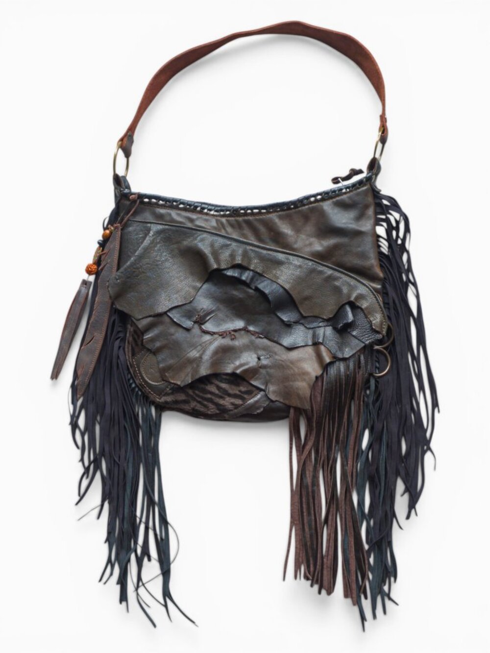 Sweet Smoke Polish Leather Fringe Shoulder Bag, Dark Brown & Black Multi